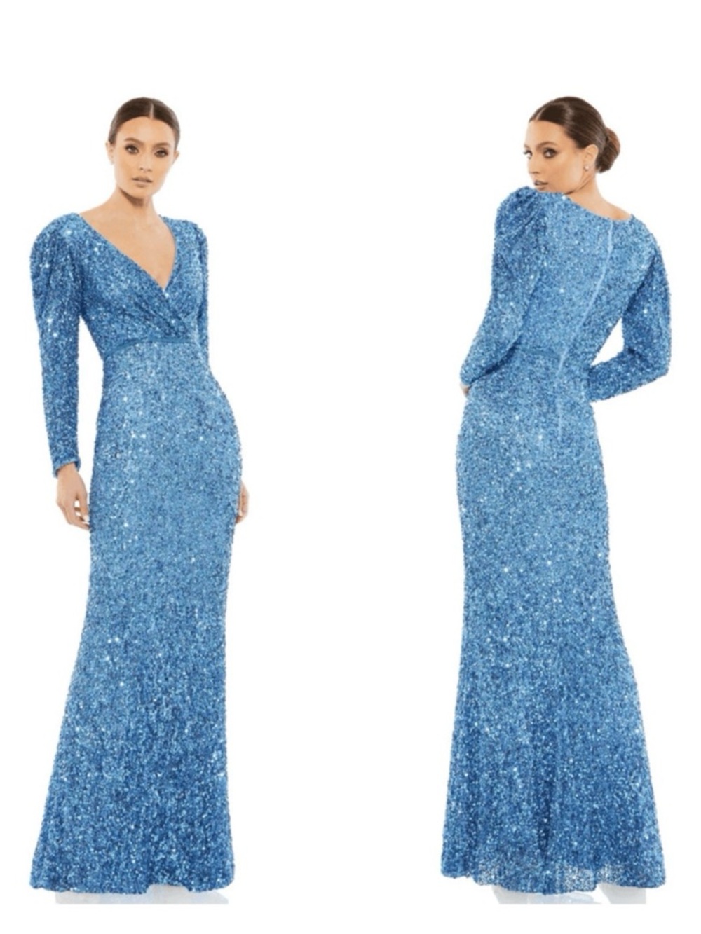 Mac Duggal Blue Sequin Long Sleeve V-Neck Gown